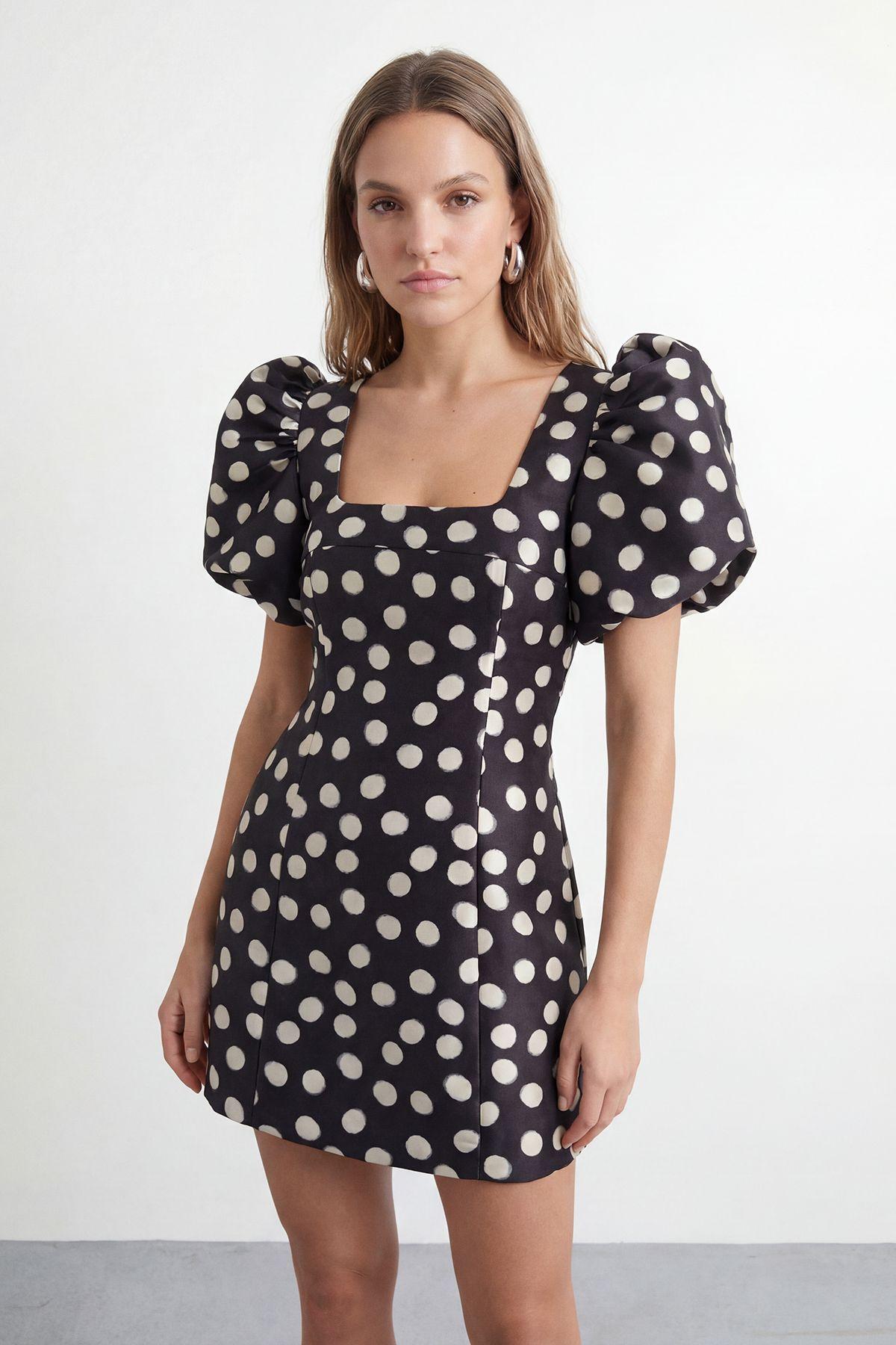 Petite Polka Dot Puff Sleeve A-Line Mini Dress by WAREHOUSE