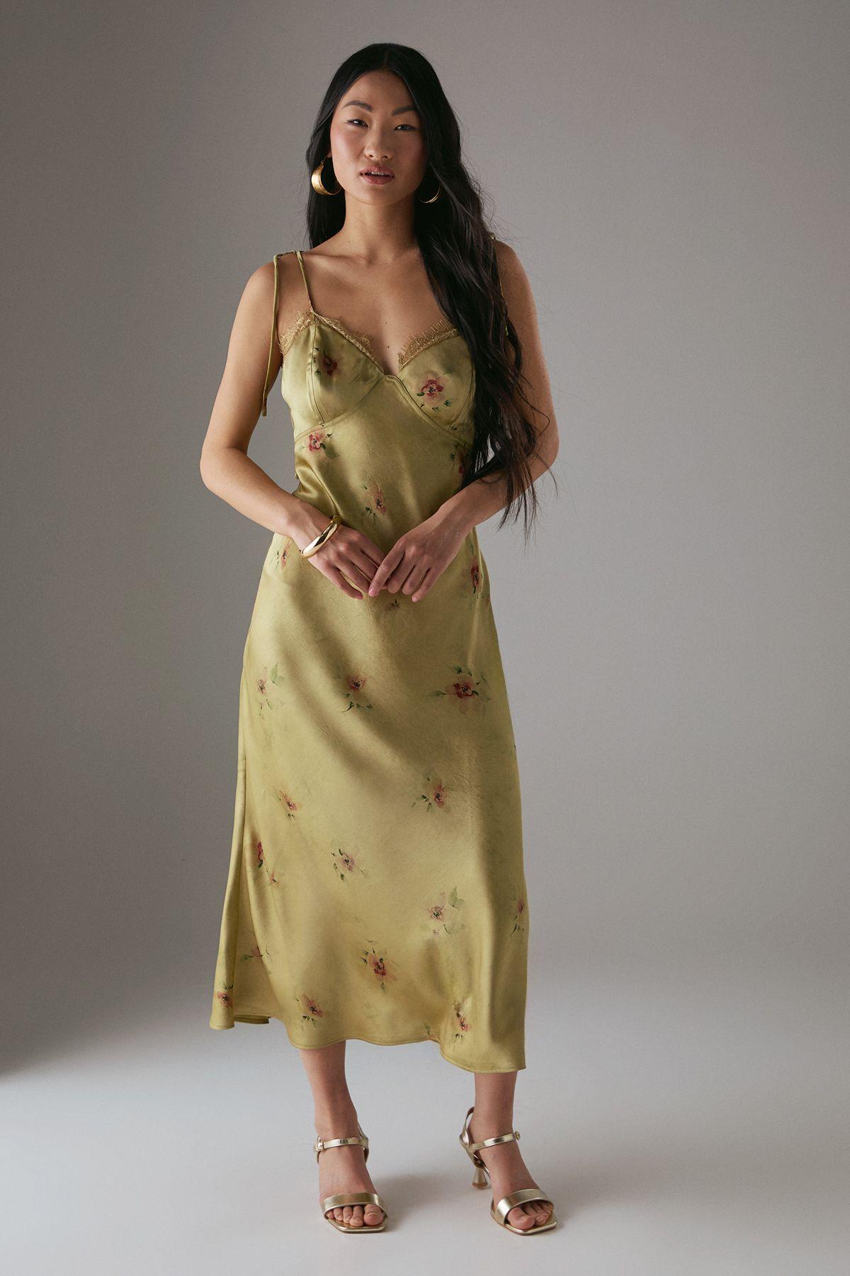 Petite Rose Satin Tie Strap Lace Detail Midi Slip Dress by WAREHOUSE