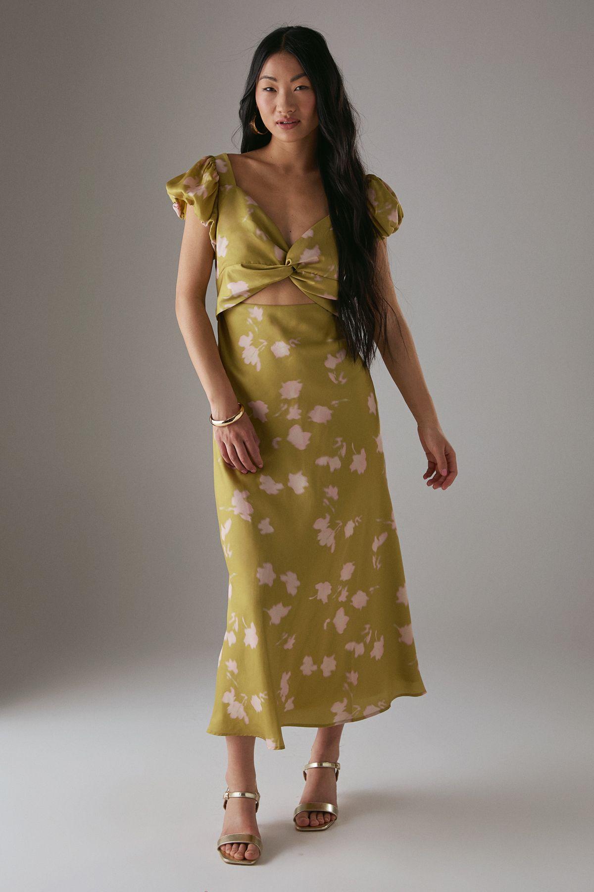 Petite Satin Knot Front Cut Out Midi Dress by WAREHOUSE