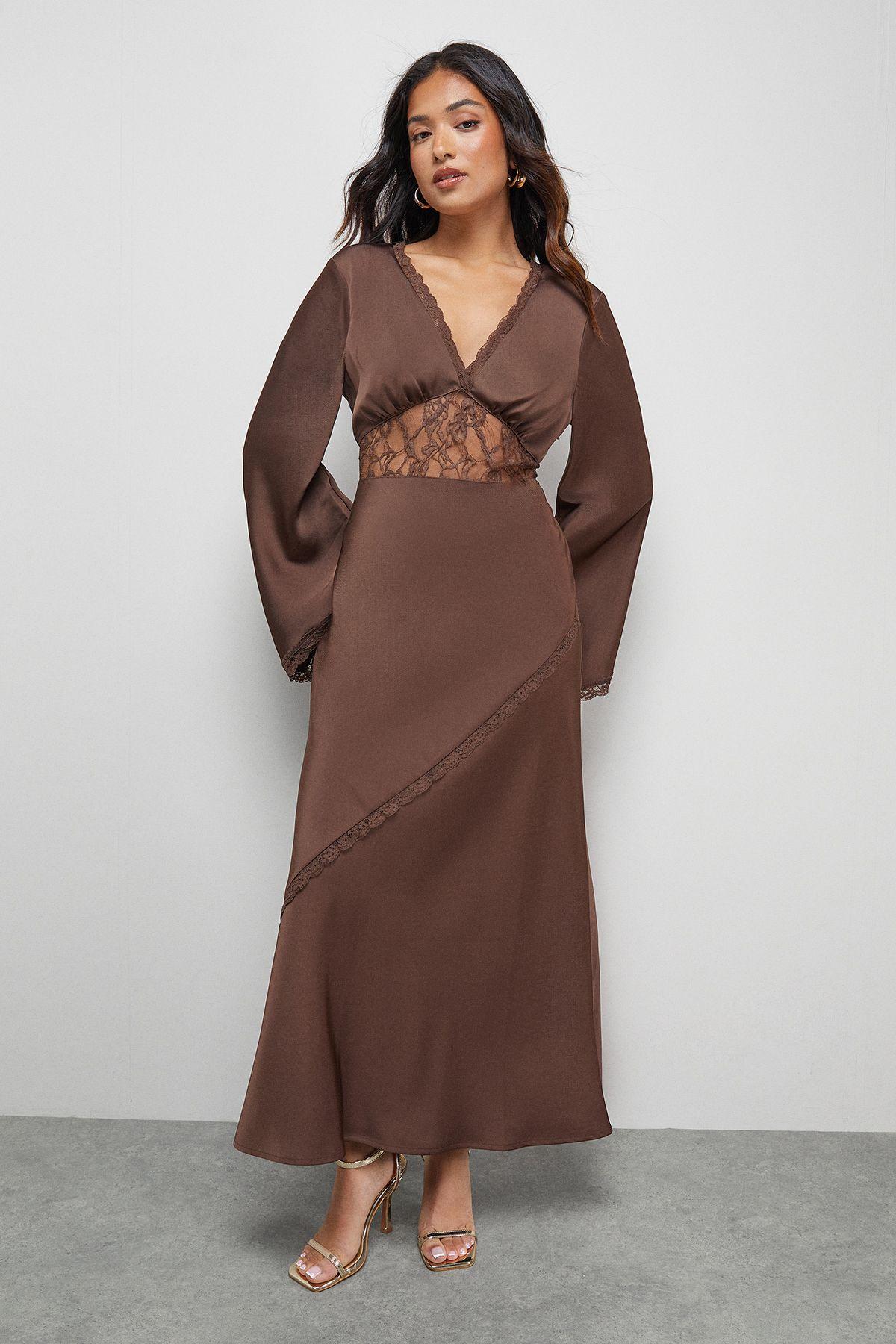 Petite Satin Lace Insert Flute Sleeve Midi Dress by WAREHOUSE