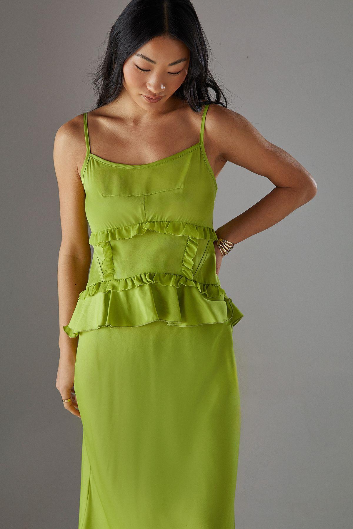 Petite Satin Strappy Seam Detail Peplum Midi Dress by WAREHOUSE