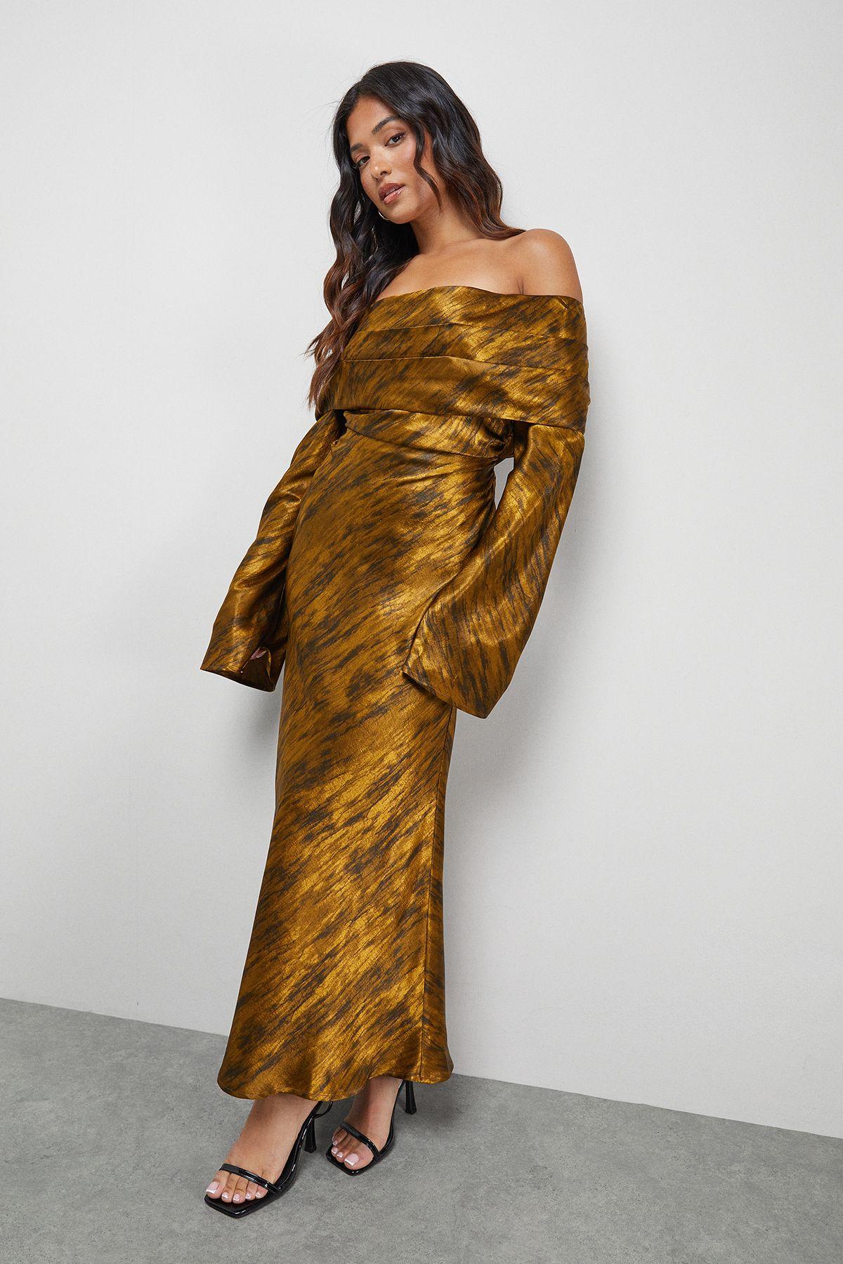 Petite Shimmer Satin Foldover Bardot Bias Midi Dress by WAREHOUSE Petite Shimmer Satin Foldover Bardot Bias Midi Dress by WAREHOUSE