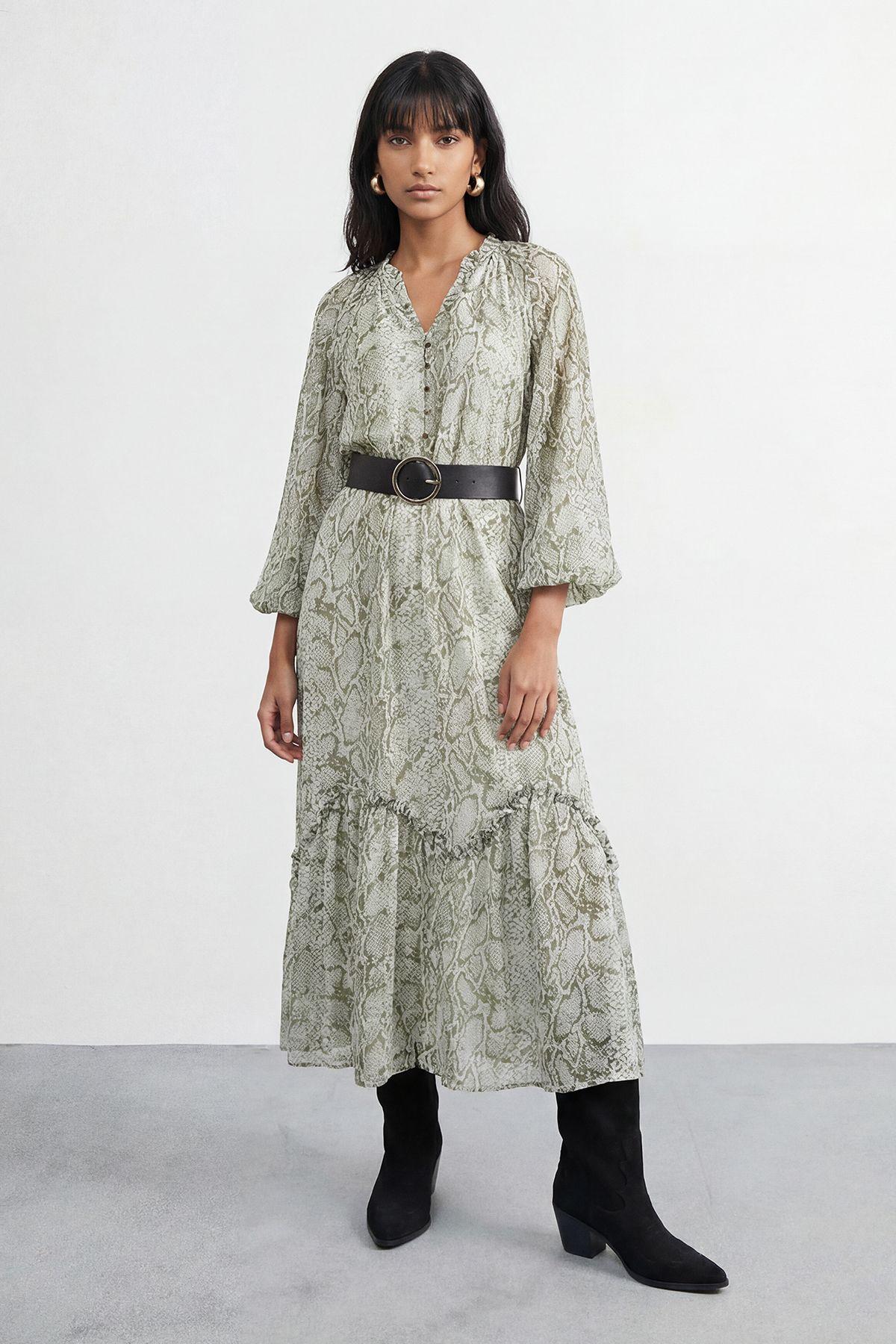 Petite Snake Print Ruffle Detail Belted Maxi Dress by WAREHOUSE