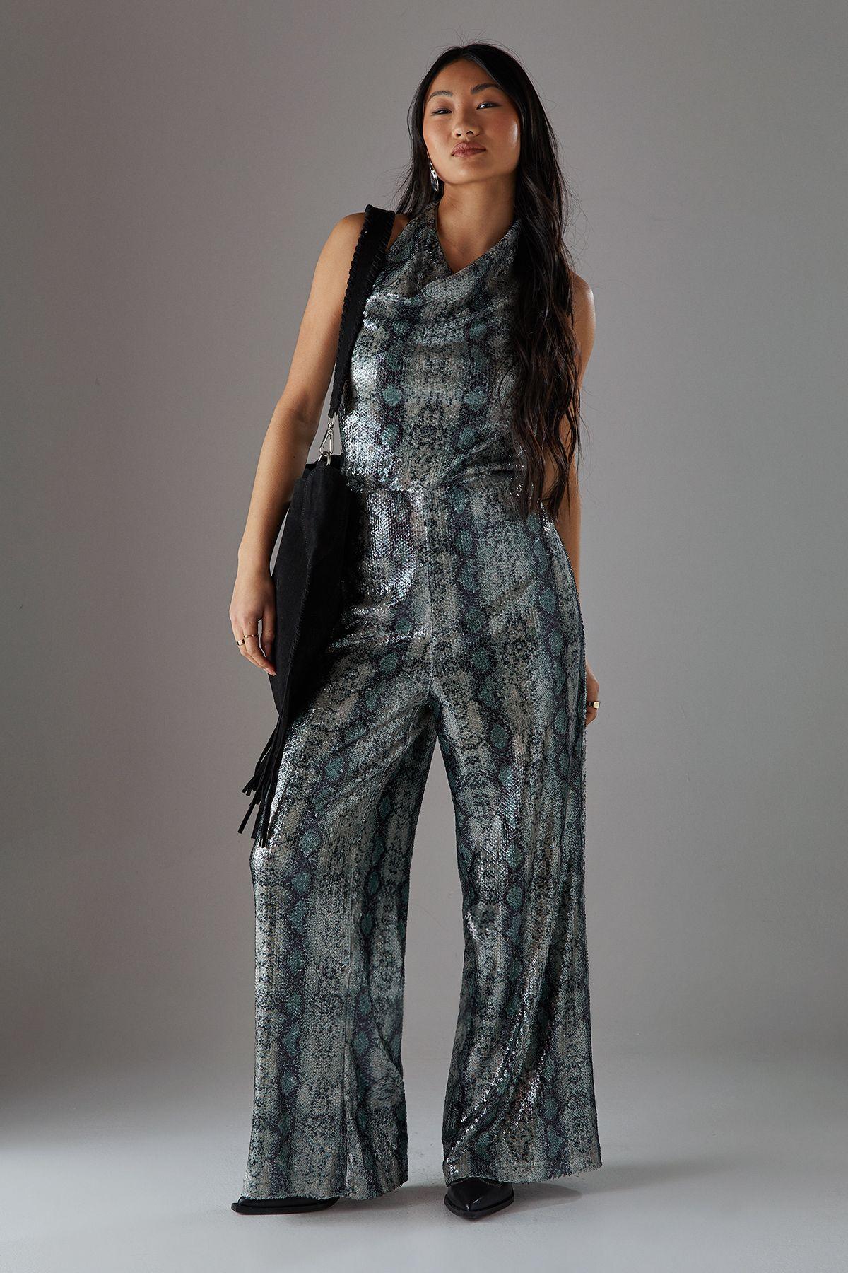 Petite Snake Sequin Cowl Neck Drop Waist Jumpsuit by WAREHOUSE