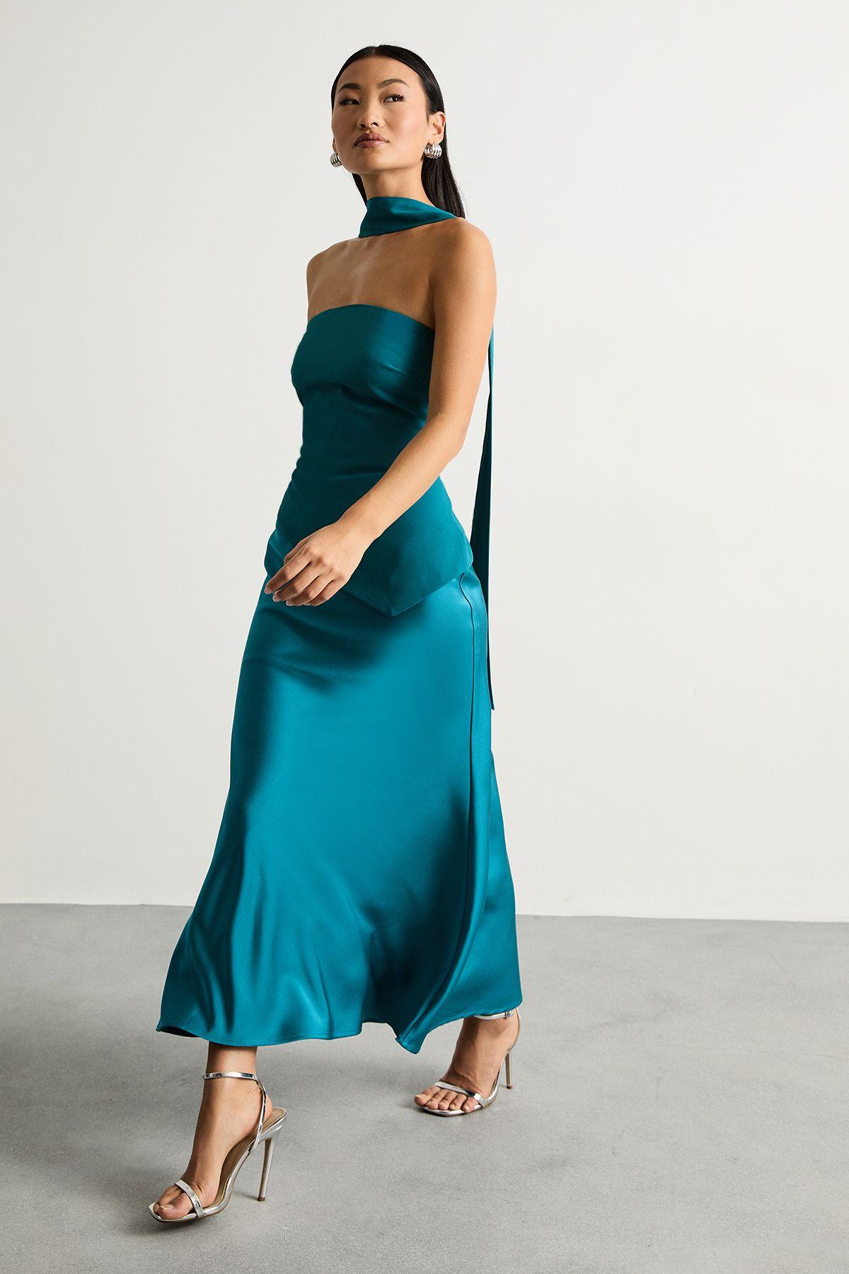 Petite Strapless Structured Bodice Satin Midi Dress by WAREHOUSE