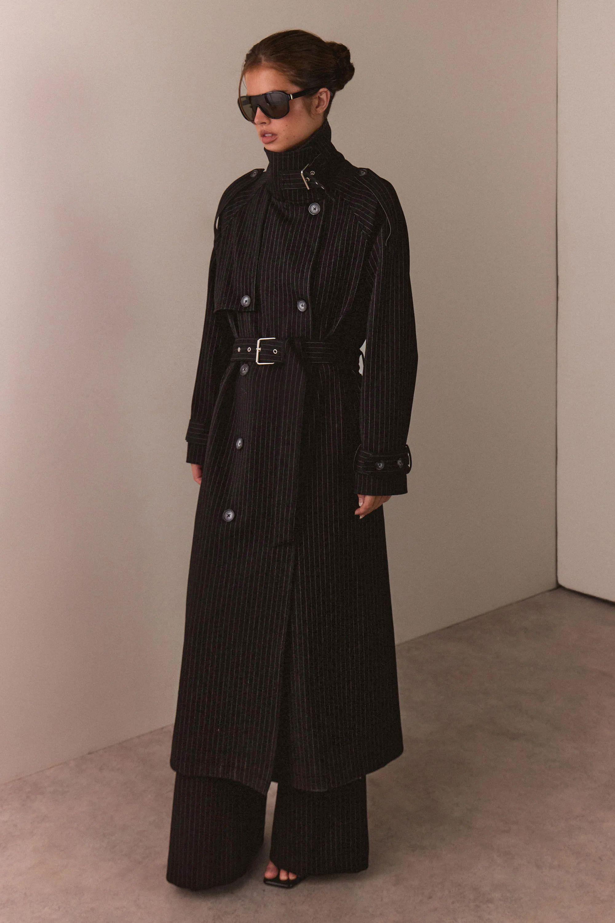 Pinstripe Tailored Funnel Neck Trench Coat by WAREHOUSE