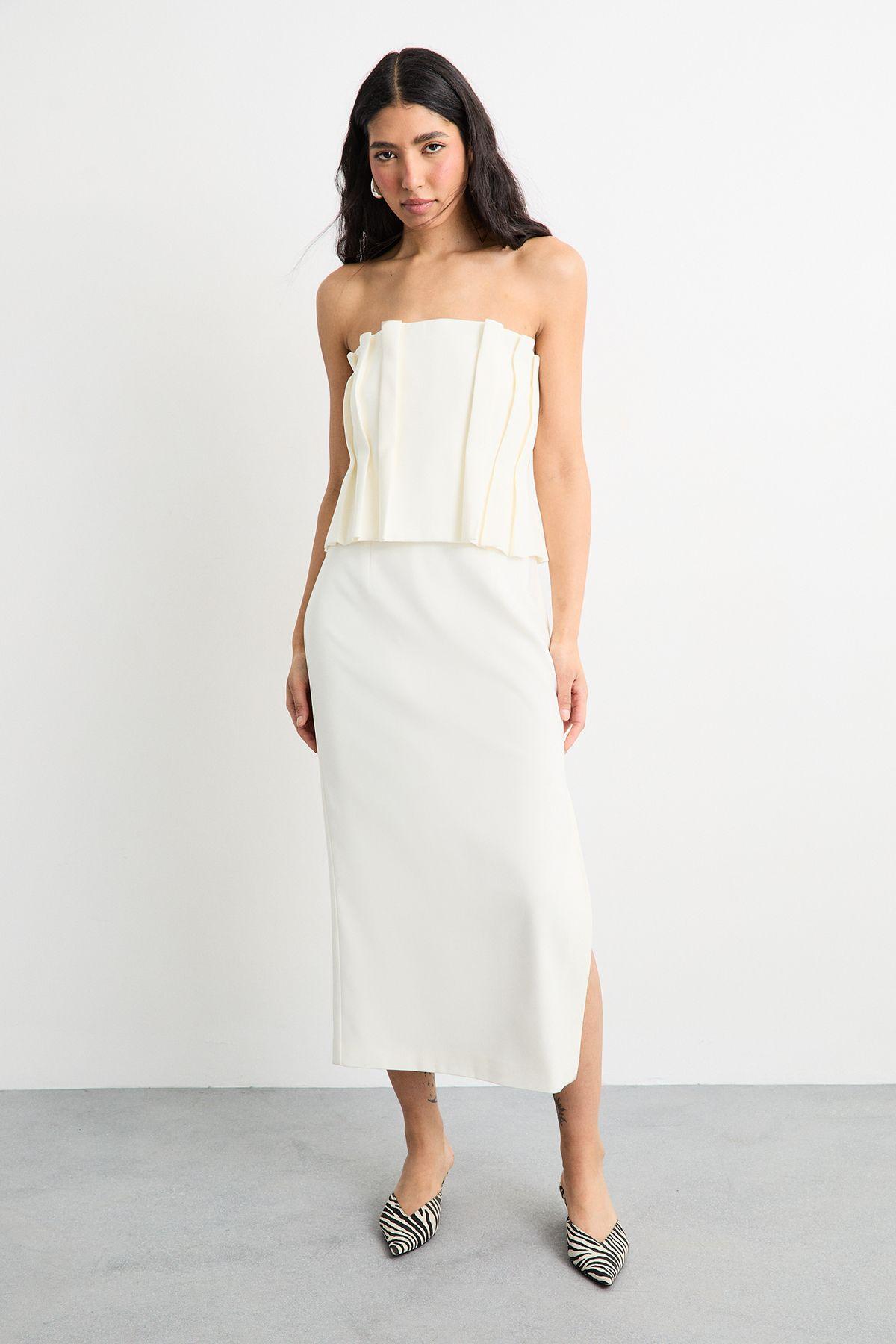 Pleated Bodice Column Midi Dress by WAREHOUSE