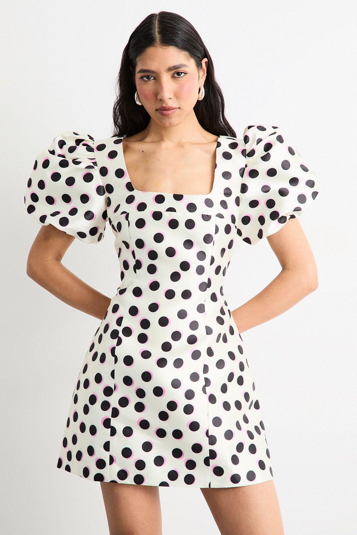 Polka Dot Puff Sleeve A-Line Mini Dress by WAREHOUSE