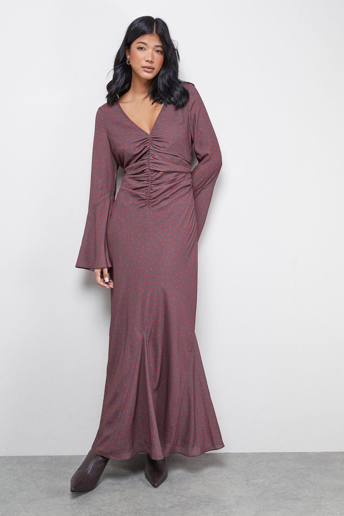 Premium Georgette Ruched Front Flutter Cuff Maxi Dress by WAREHOUSE