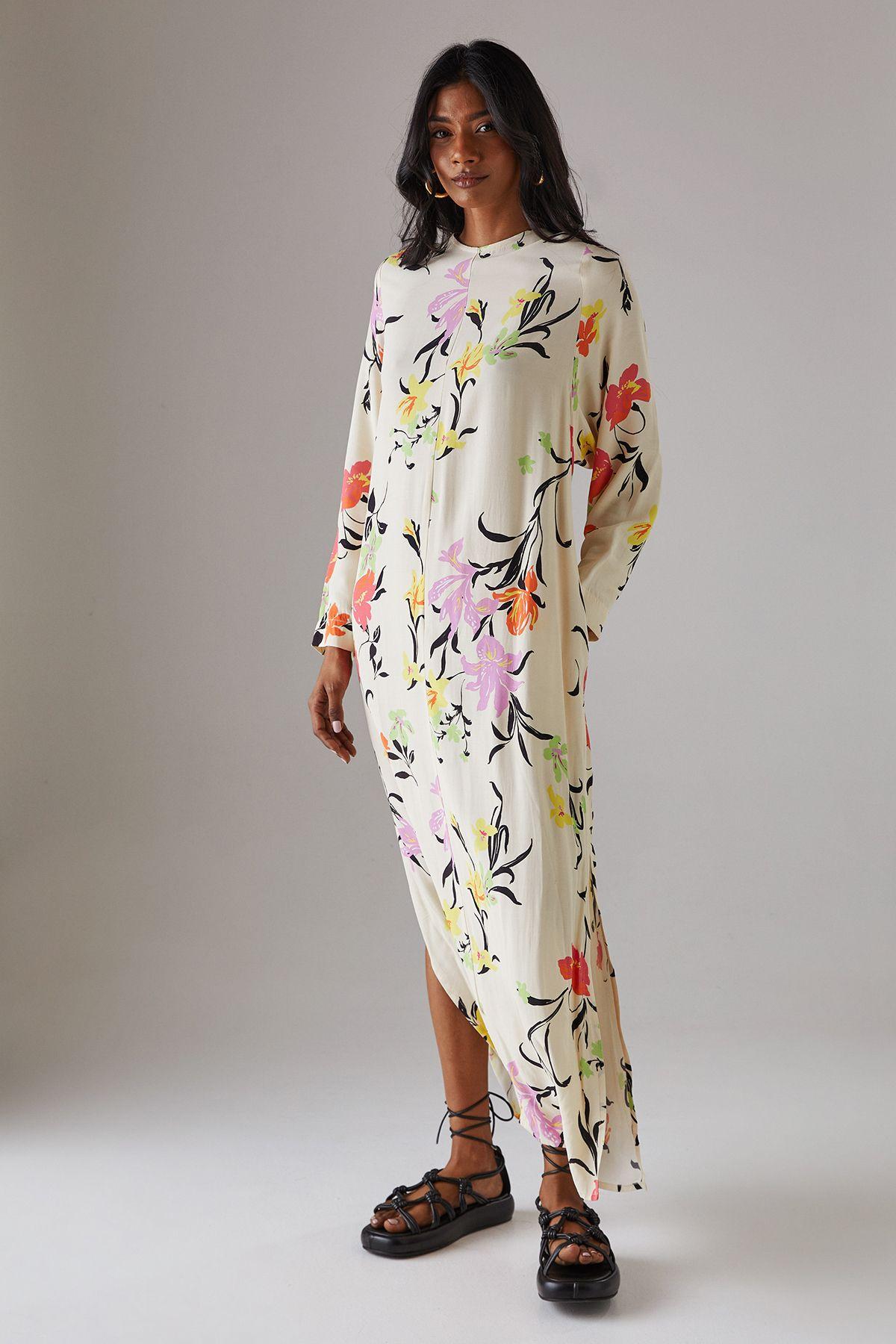 Print Long Sleeve Column Midi Dress by WAREHOUSE