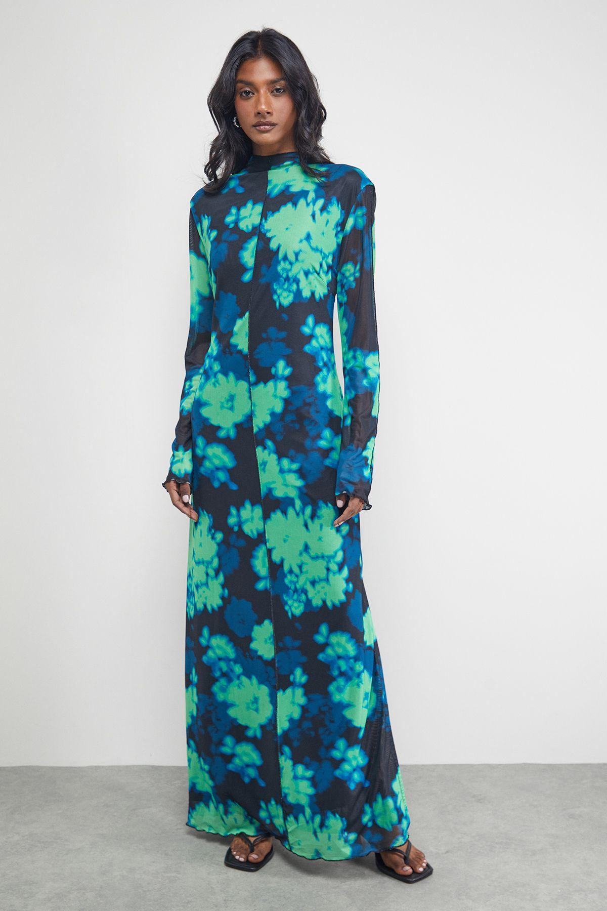 Print Mesh Lettuce Edge Maxi Dress by WAREHOUSE