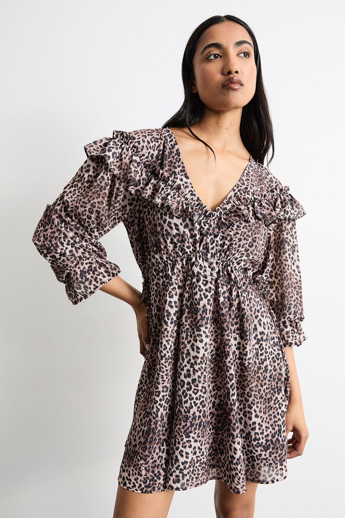 Printed Ruffle Shoulder Detail V Neck Boho Mini Dress by WAREHOUSE