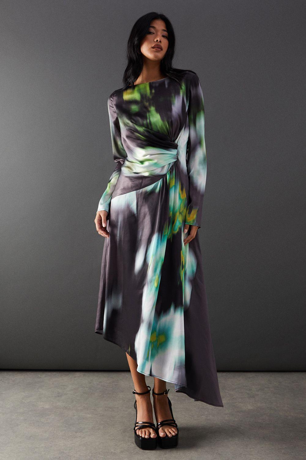 Printed Satin Knot Front Asymmetric Hem Midi Dress by WAREHOUSE