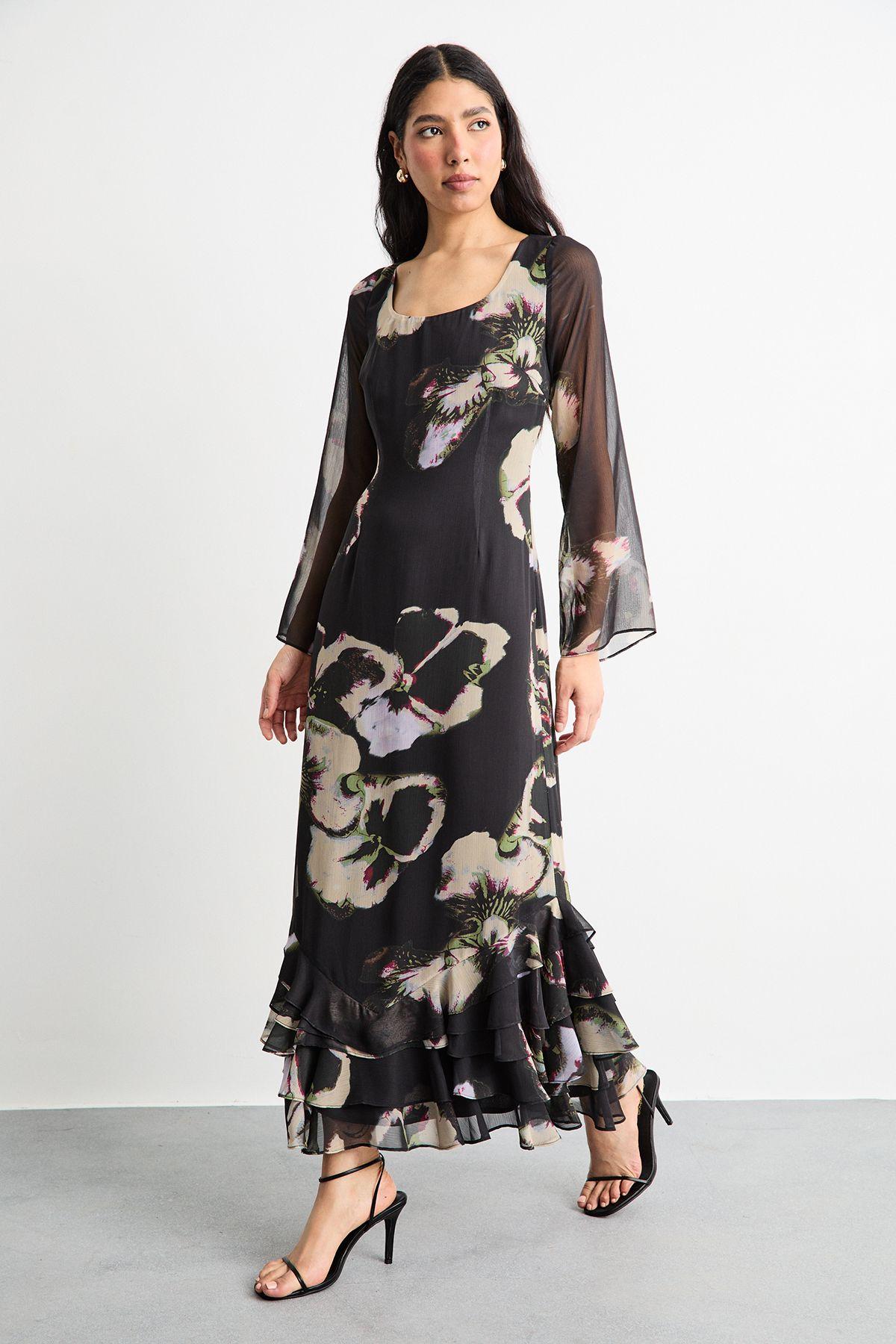 Printed Scoop Neck Ruffle Hem Midi Dress by WAREHOUSE