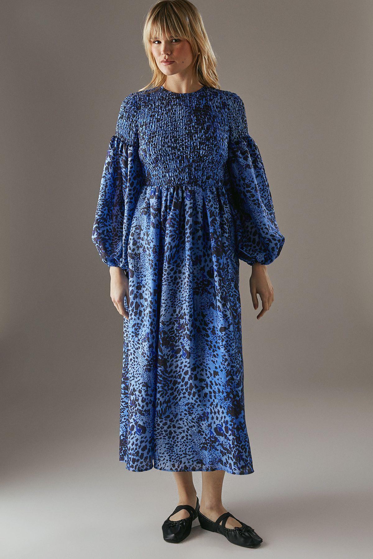 Printed Textured Organza Shirred Midaxi Dress by WAREHOUSE