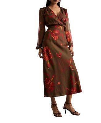 Printed V Neck Tie Detail Midi Dress by WAREHOUSE