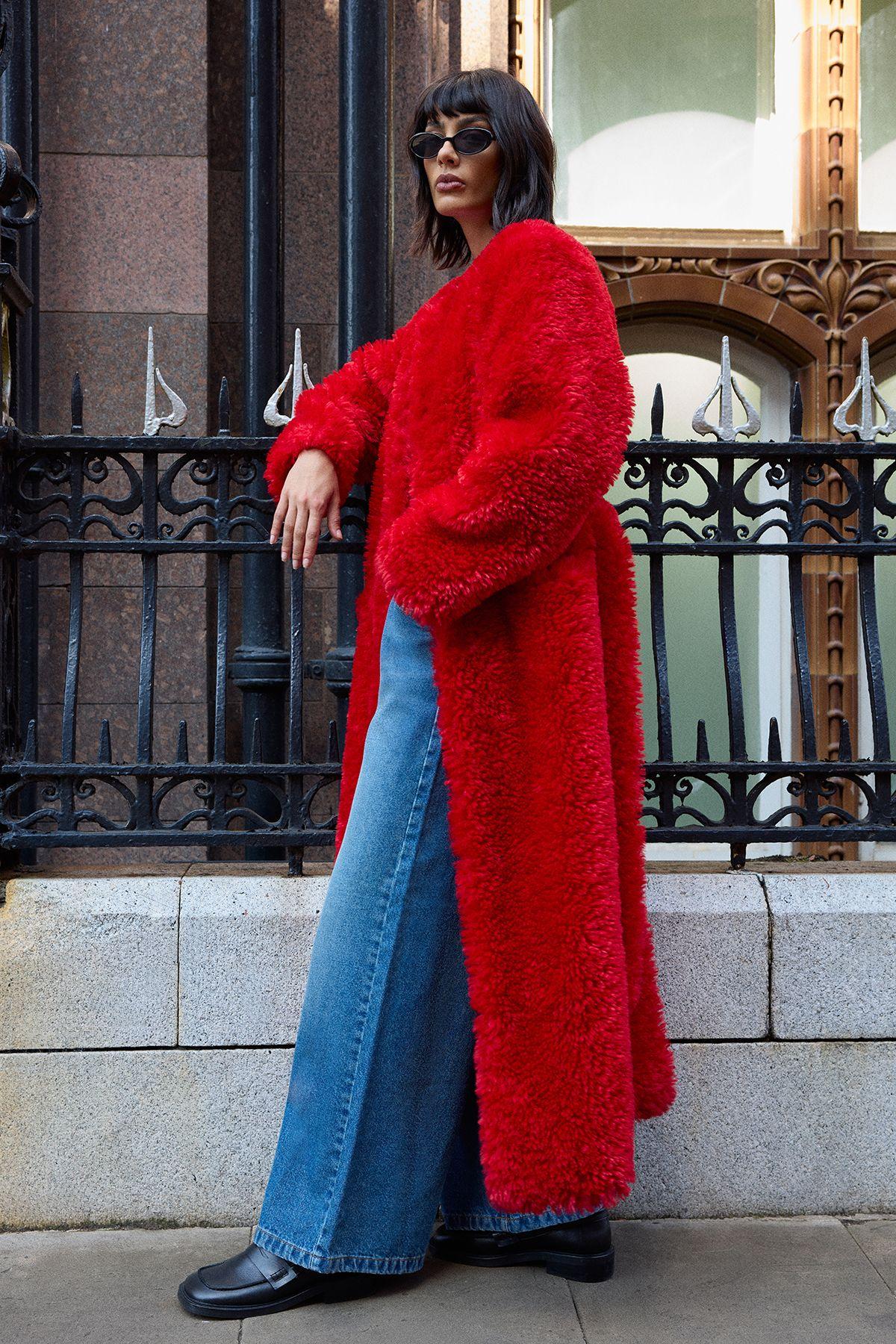 Red Maxi Belted Fur Coat by WAREHOUSE