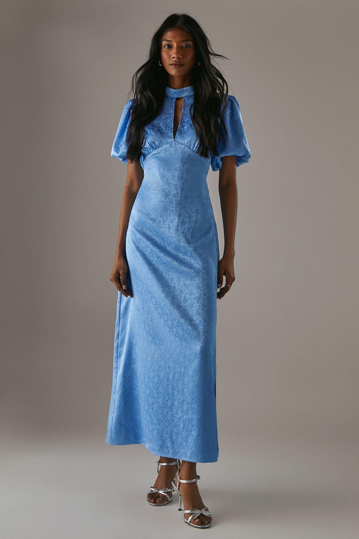 Rose Satin Jacquard Puff Sleeve Tie Back Midi Dress by WAREHOUSE