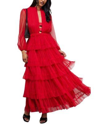 Ruffle Neck Tulle Maxi Dress by WAREHOUSE