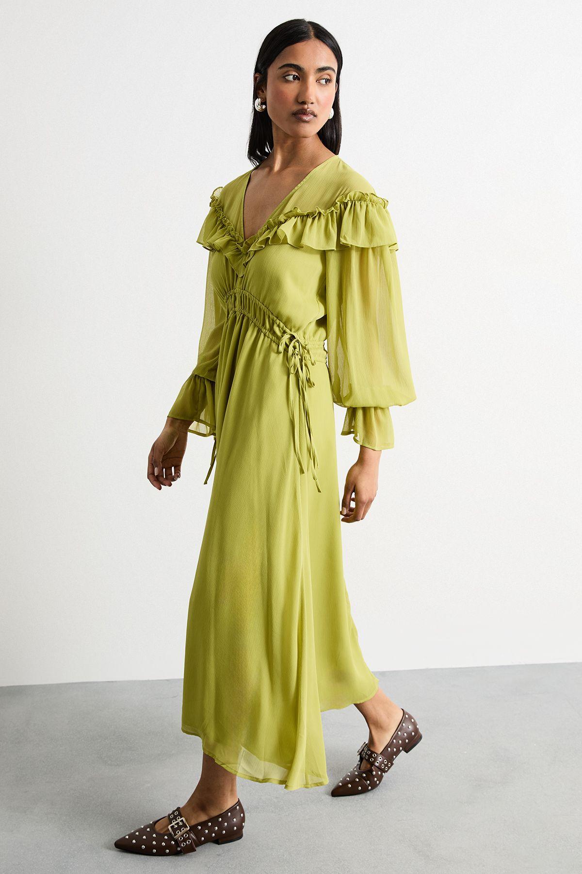 Ruffle Shoulder Detail V Neck Boho Maxi Dress by WAREHOUSE