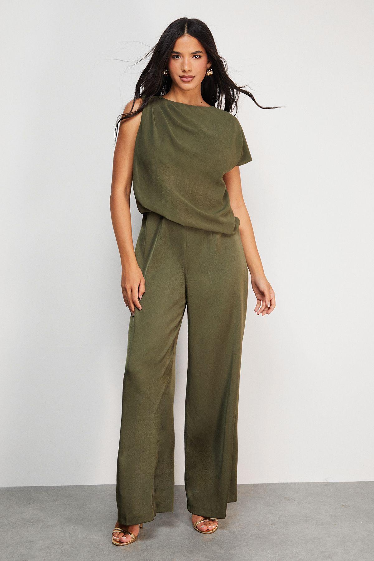 Satin Chiffon Mix One Shoulder Drape Jumpsuit by WAREHOUSE
