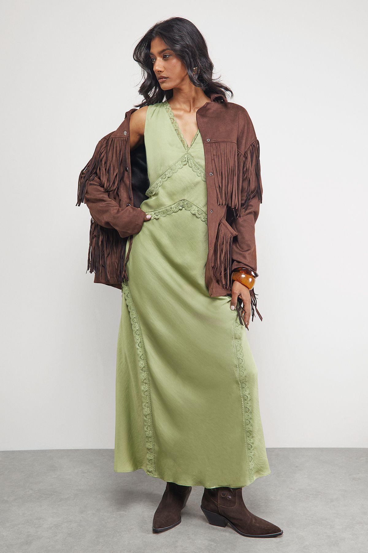 Satin Contrast Lace Midi Slip Dress by WAREHOUSE