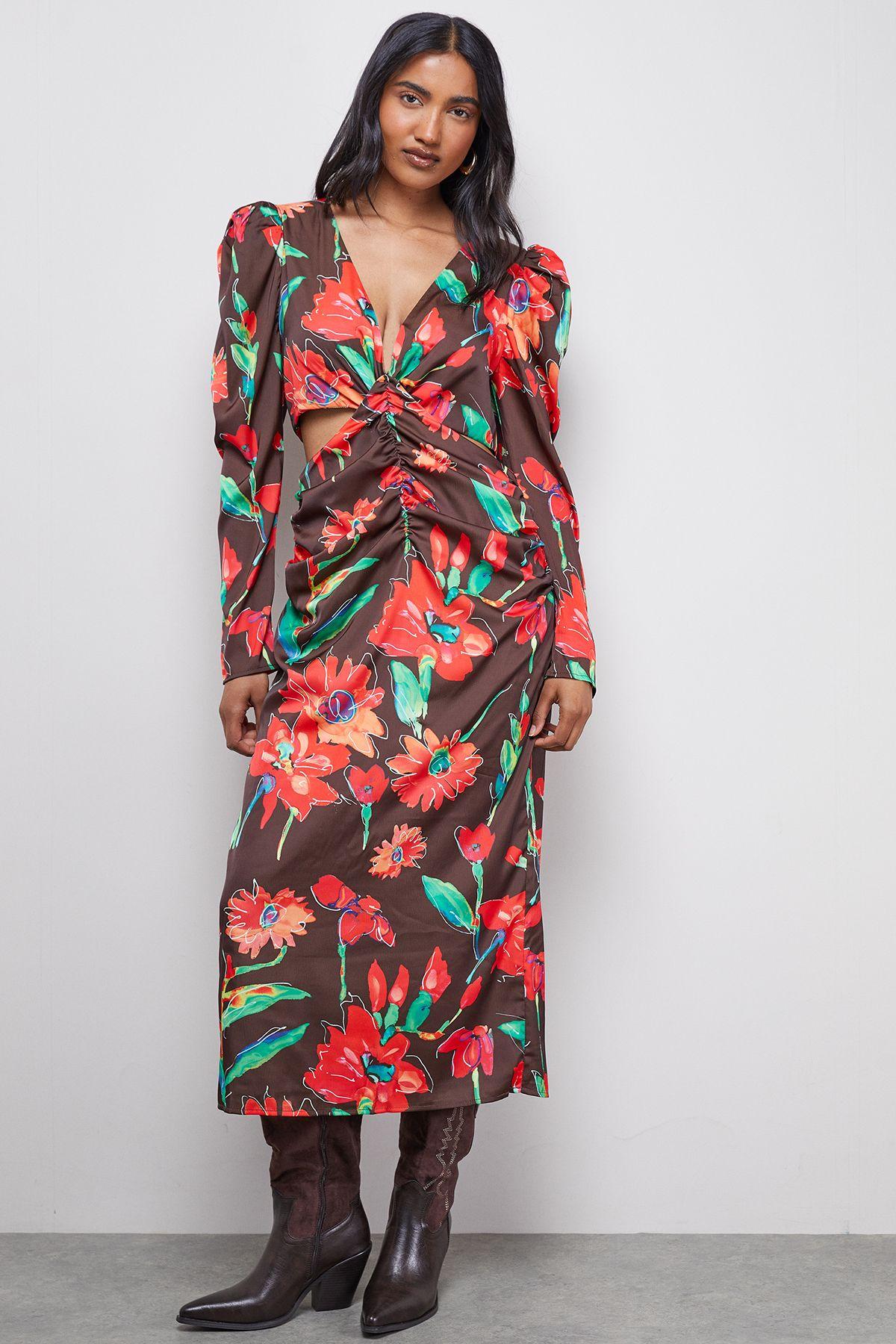 Satin Cut Out Waist Plunge Neck Midi Dress by WAREHOUSE
