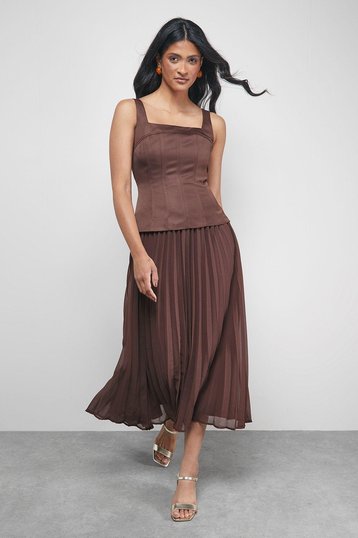 Satin Fitted Bodice Chiffon Pleated Skirt Midi Dress by WAREHOUSE