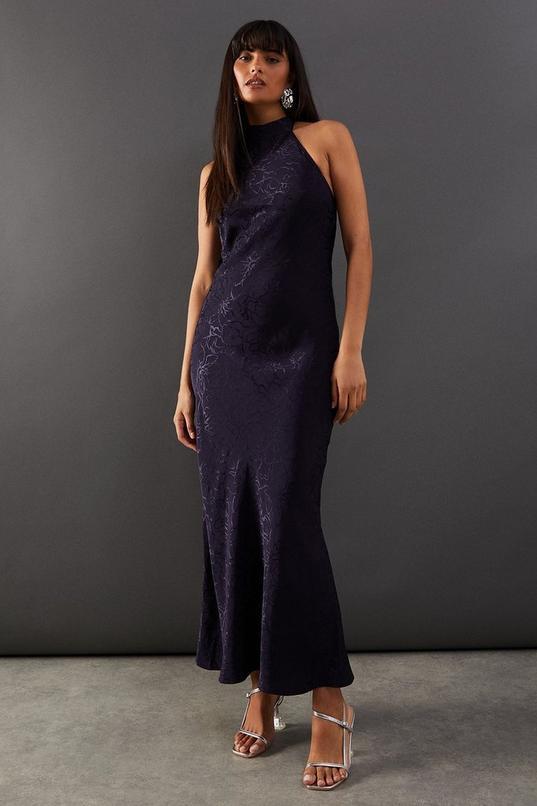 Satin Jacquard Halter Tie Neck Midi Dress by WAREHOUSE