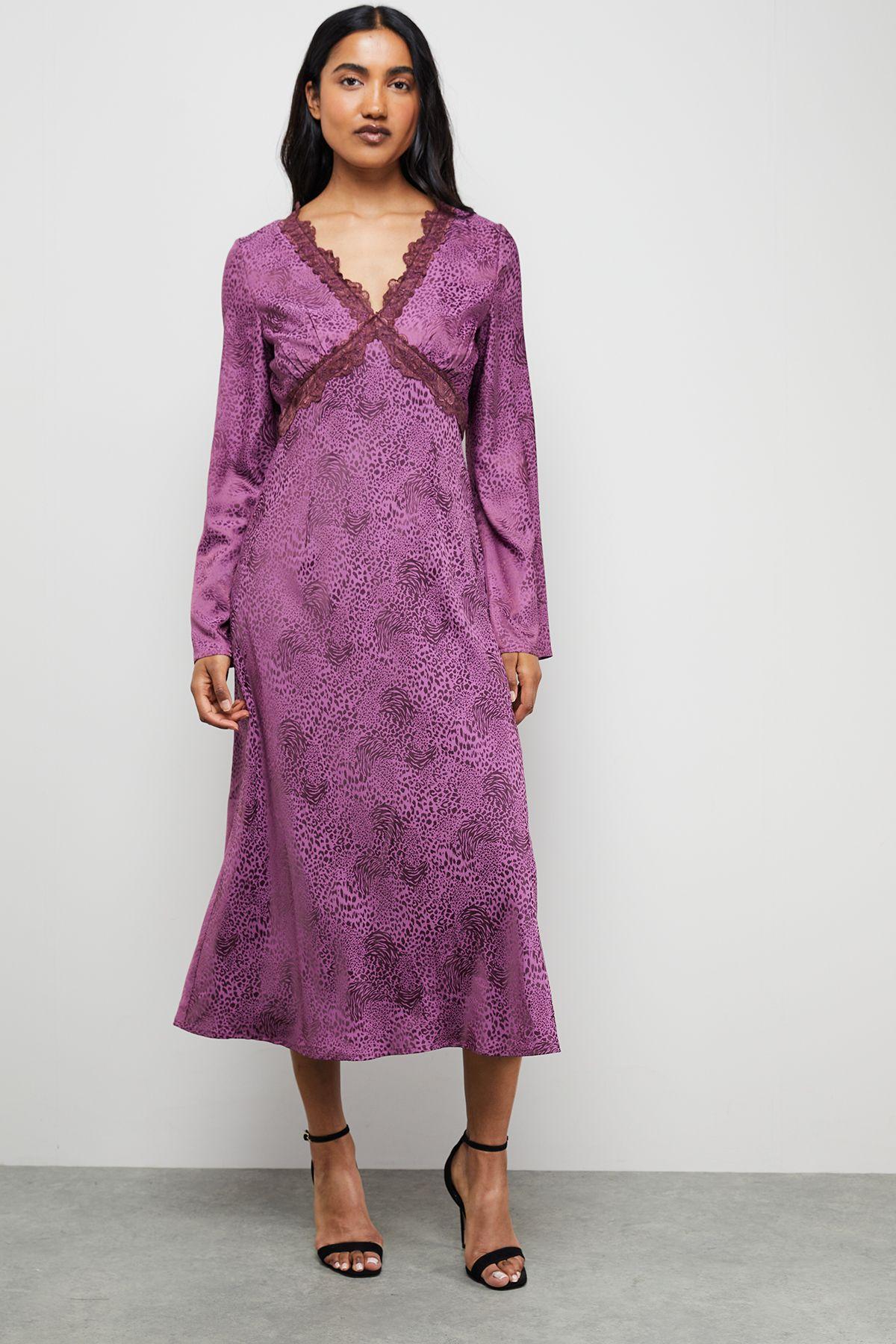 Satin Jacquard Lace Insert Godet Midi Dress by WAREHOUSE