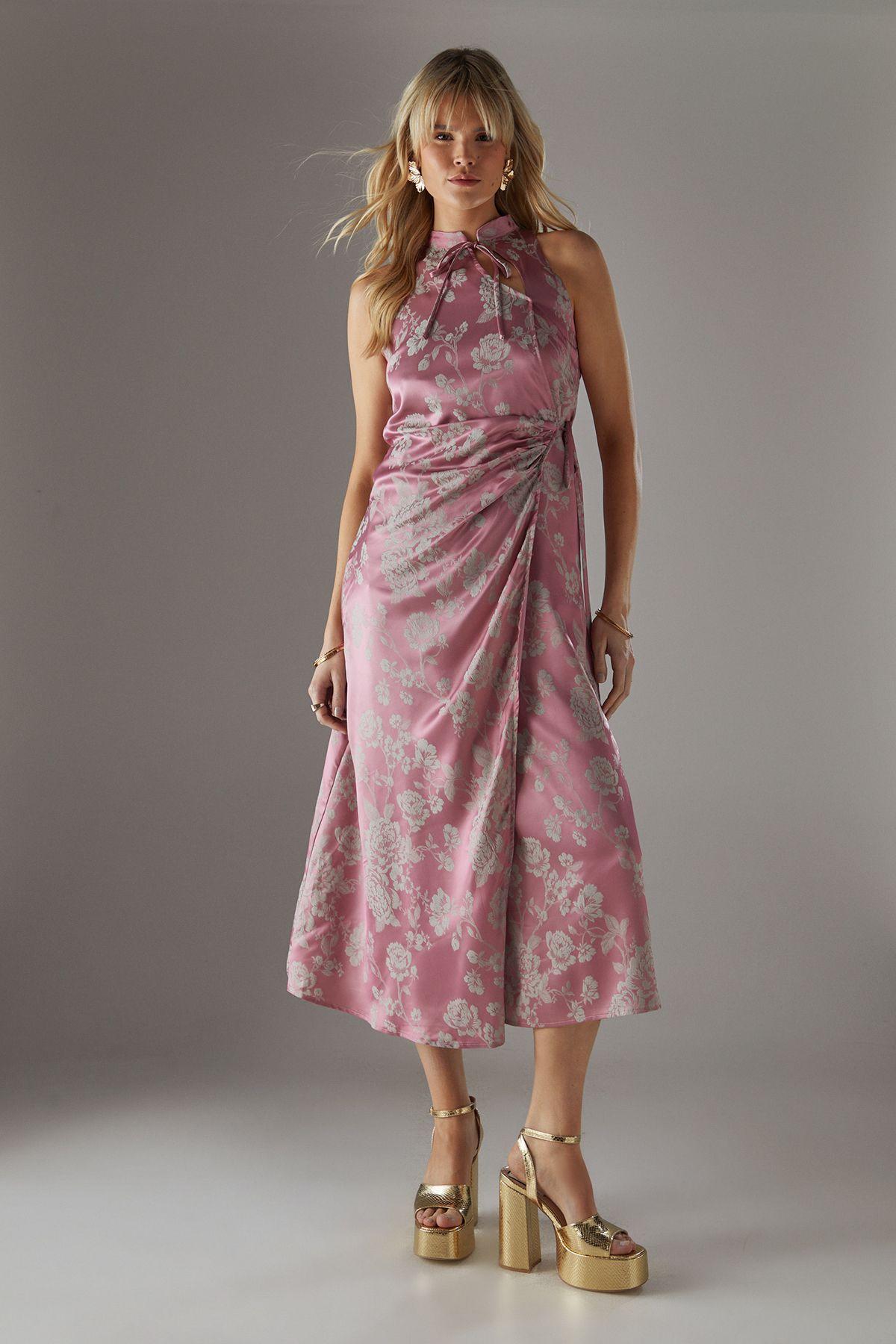 Satin Jacquard Tie Racer Wrap Midi Dress by WAREHOUSE