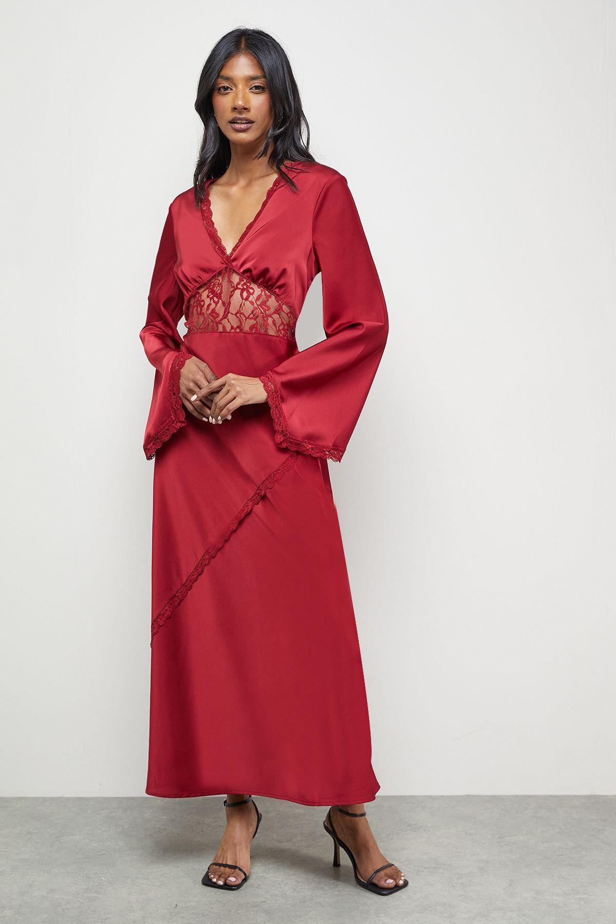 Satin Lace Insert Flute Sleeve Midi Dress by WAREHOUSE