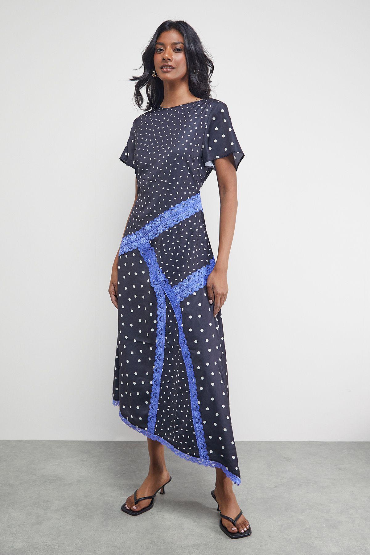 Satin Lace Panelled Asymmetric Midi Dress by WAREHOUSE