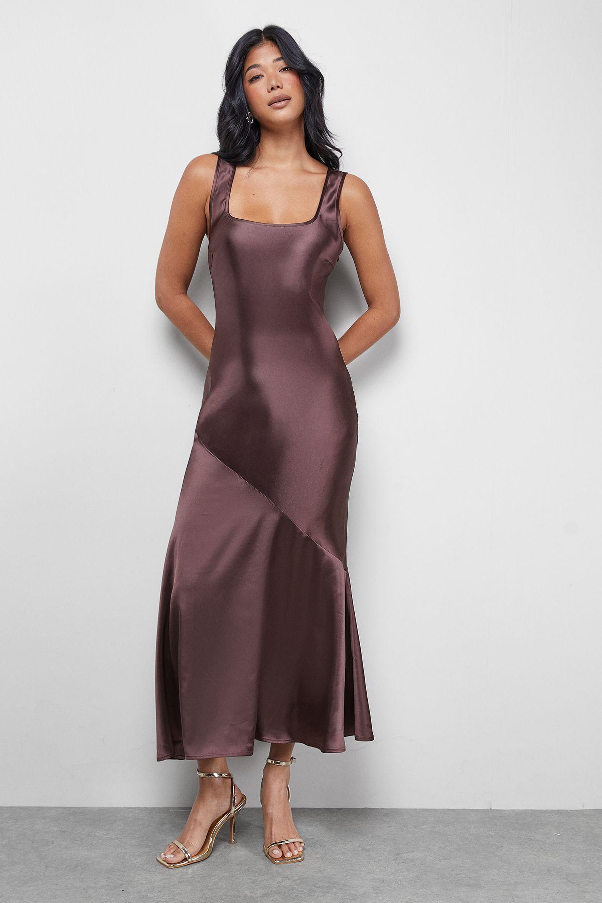 Satin Scoop Neck Bias Midi Slip Dress by WAREHOUSE