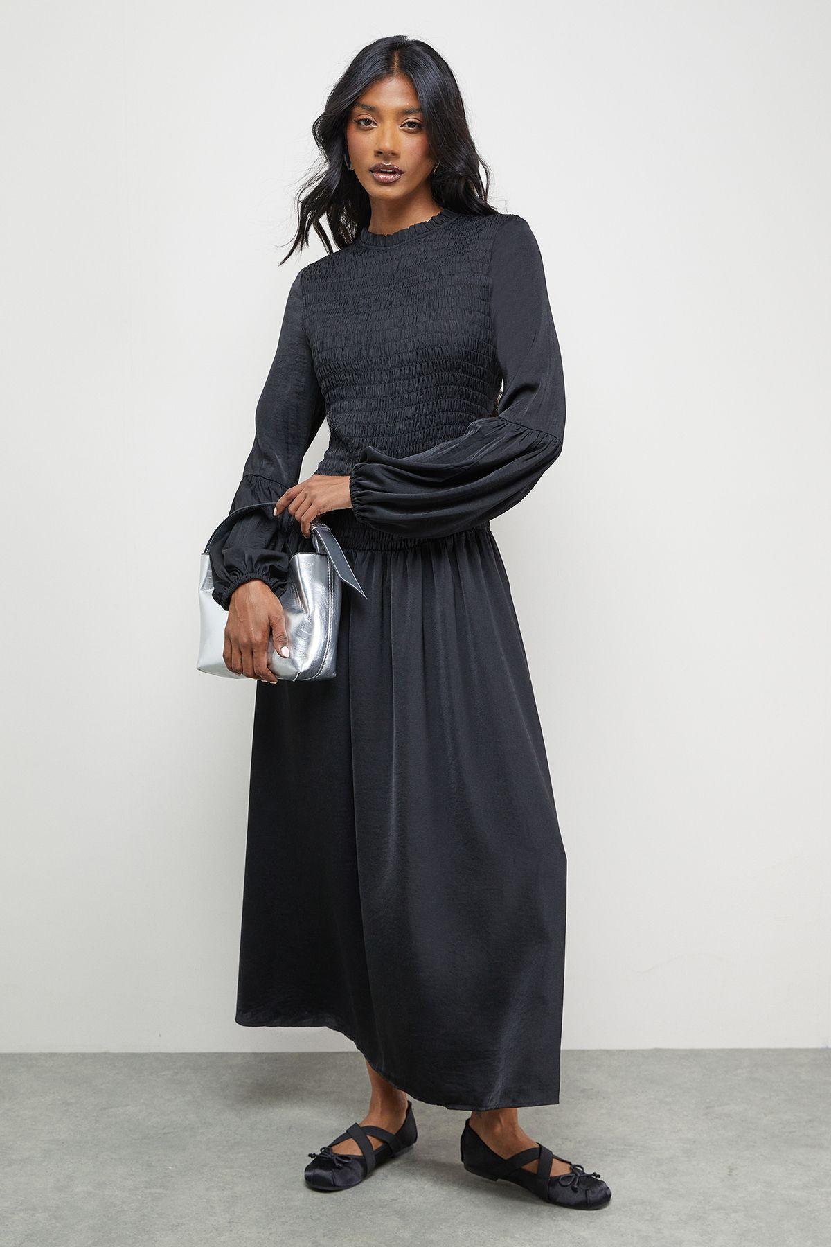 Satin Shirred Bodice Balloon Sleeve Midi Dress by WAREHOUSE