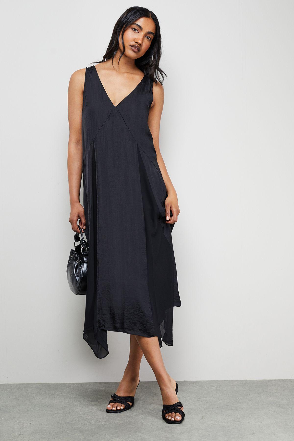 Satin Sleeveless Asymmetric Hem Chiffon Godet Midi Dress by WAREHOUSE
