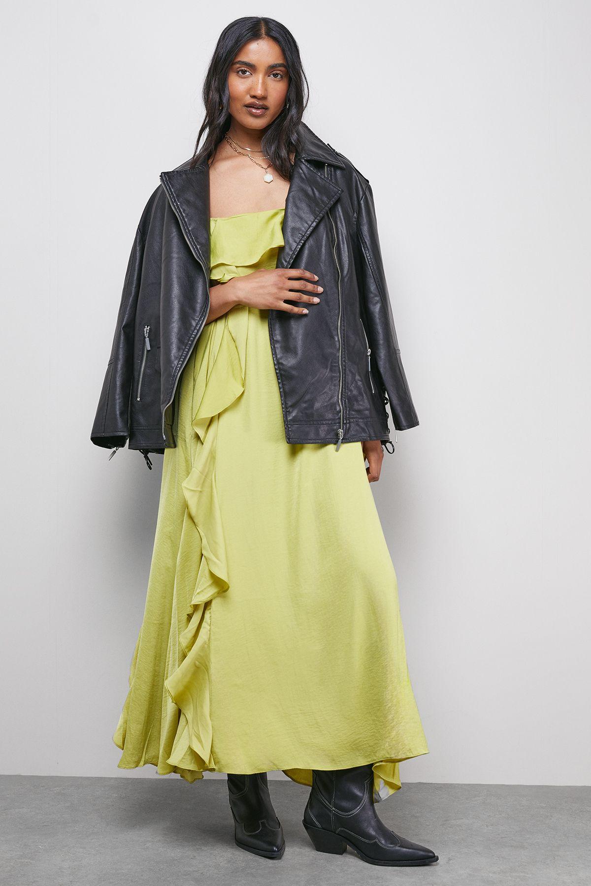 Satin Strappy Ruffle Midi Dress by WAREHOUSE