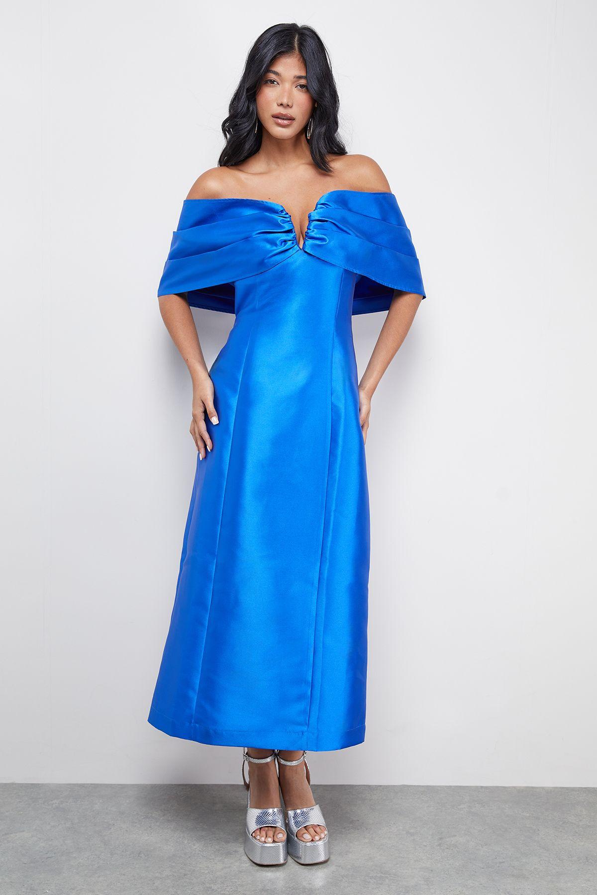 Satin Twill Notch Front Bardot Midi Dress by WAREHOUSE