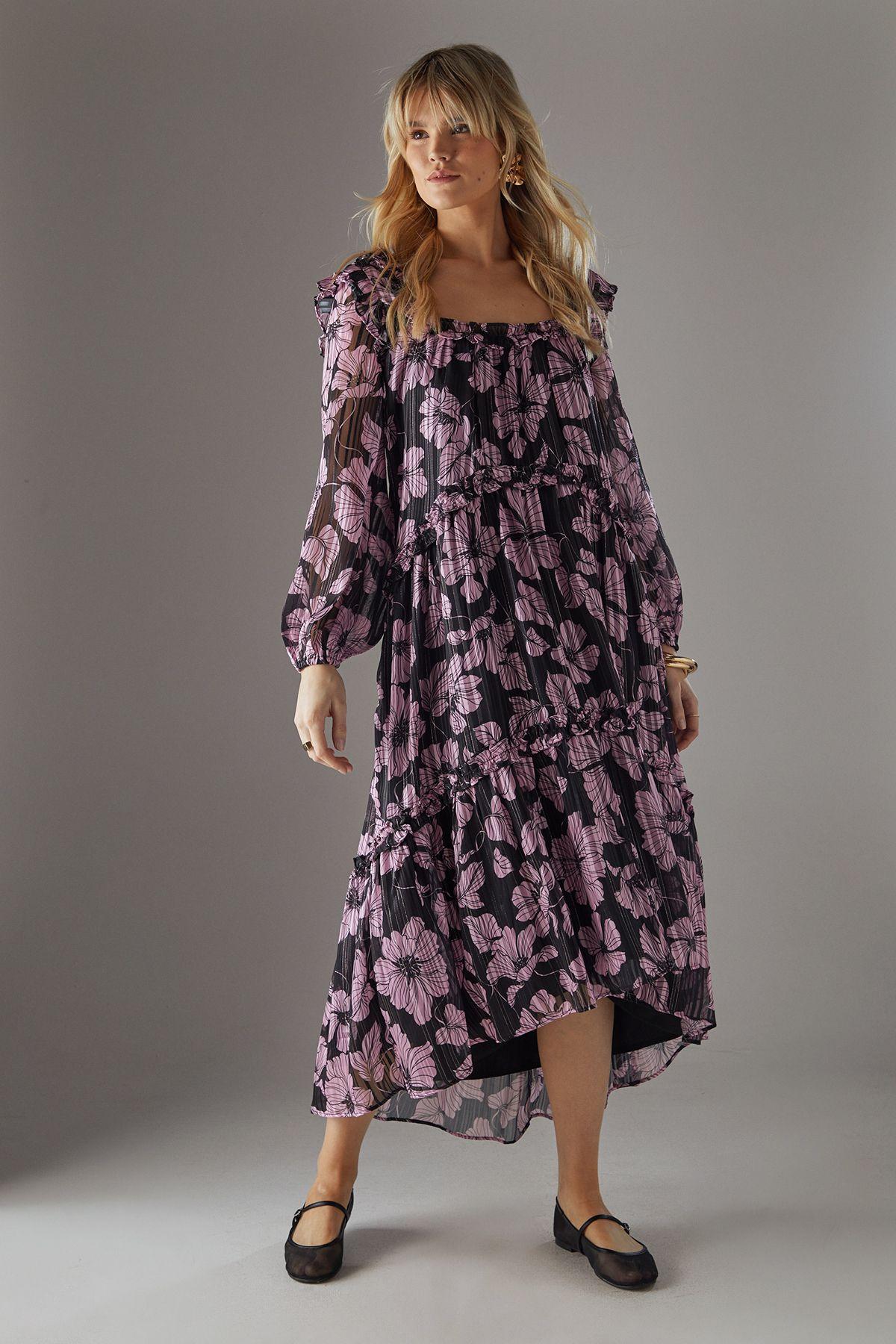 Shadow Stripe Ruffle Square Neck Smock Midi Dress by WAREHOUSE