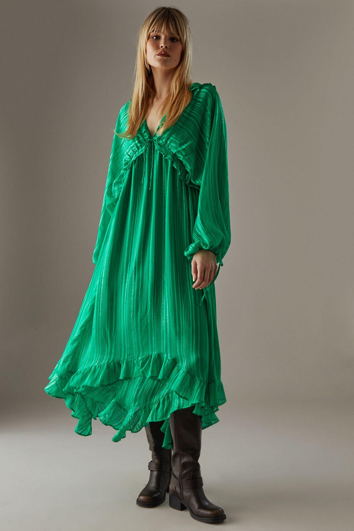 Shadow Stripe Volume Sleeve Hanky Hem Midaxi Dress by WAREHOUSE