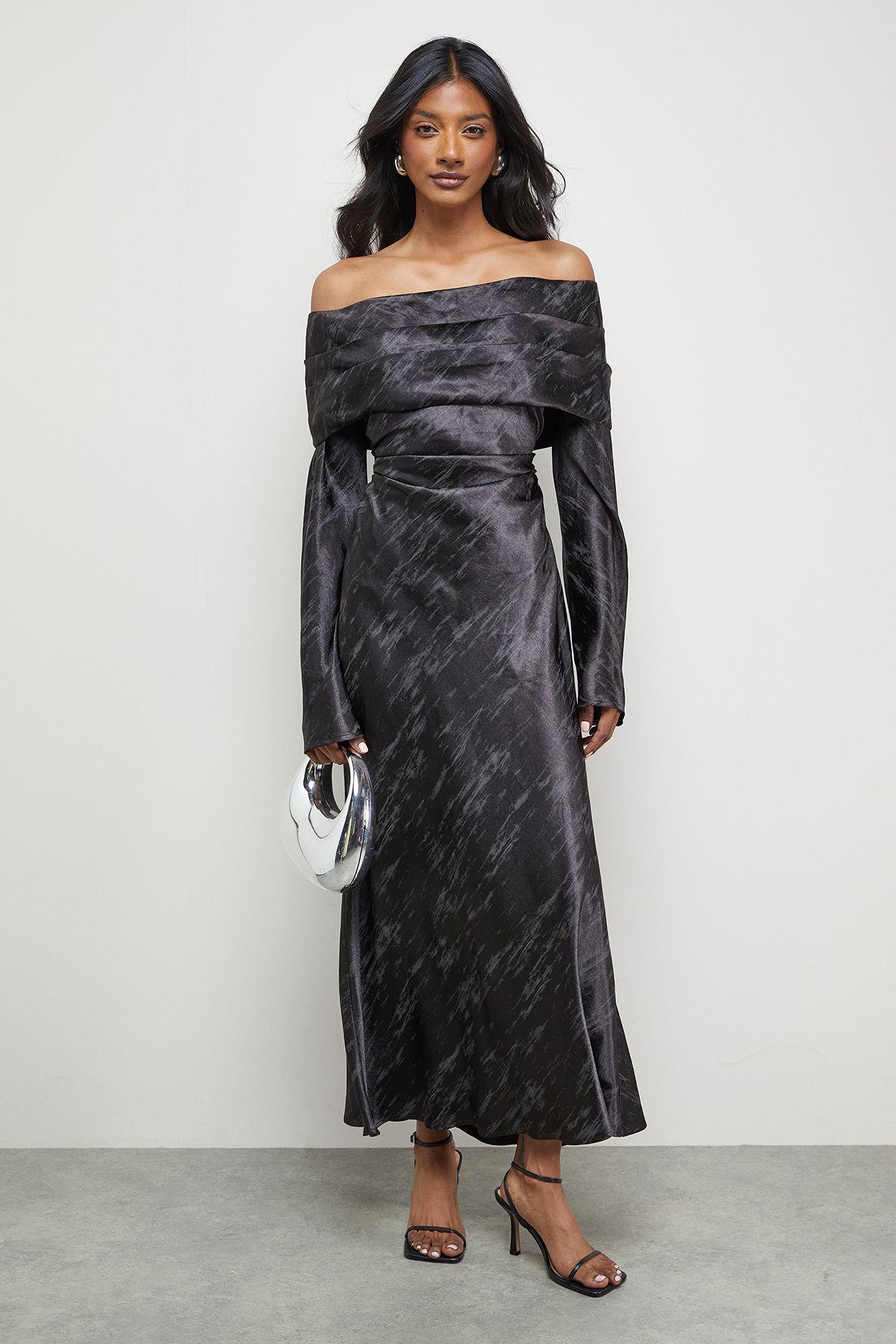 Shimmer Satin Foldover Bardot Bias Midi Dress by WAREHOUSE