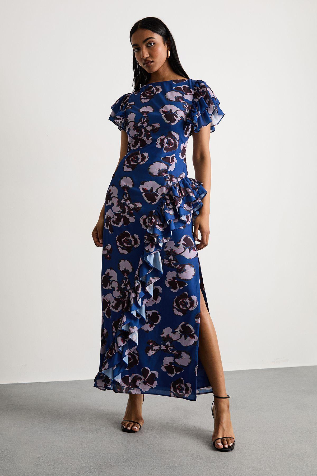 Side Split Ruffle Detail Maxi Dress by WAREHOUSE
