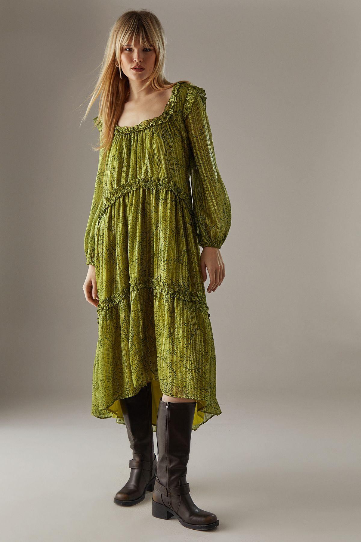 Snake Shadow Stripe Ruffle Square Neck Smock Midi Dress by WAREHOUSE