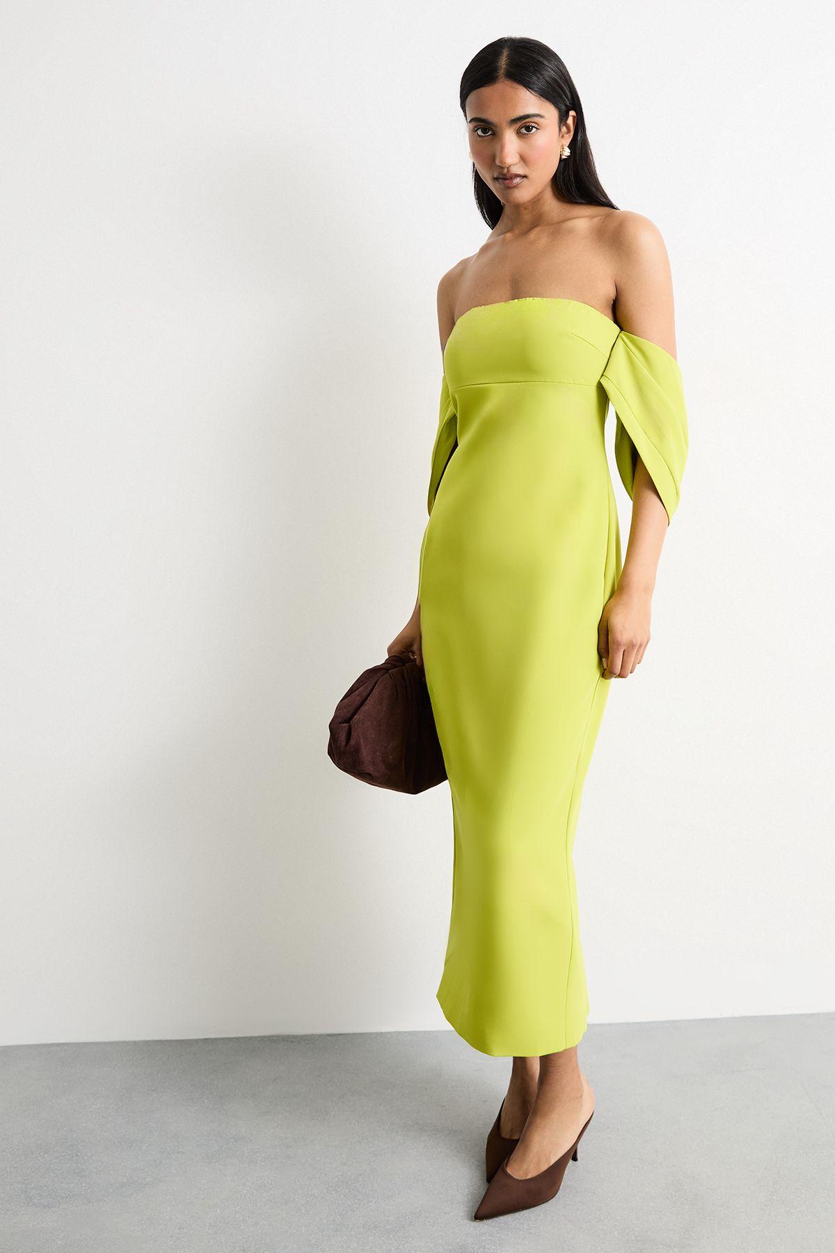 Stretch Crepe Bardot Column Midi Dress by WAREHOUSE