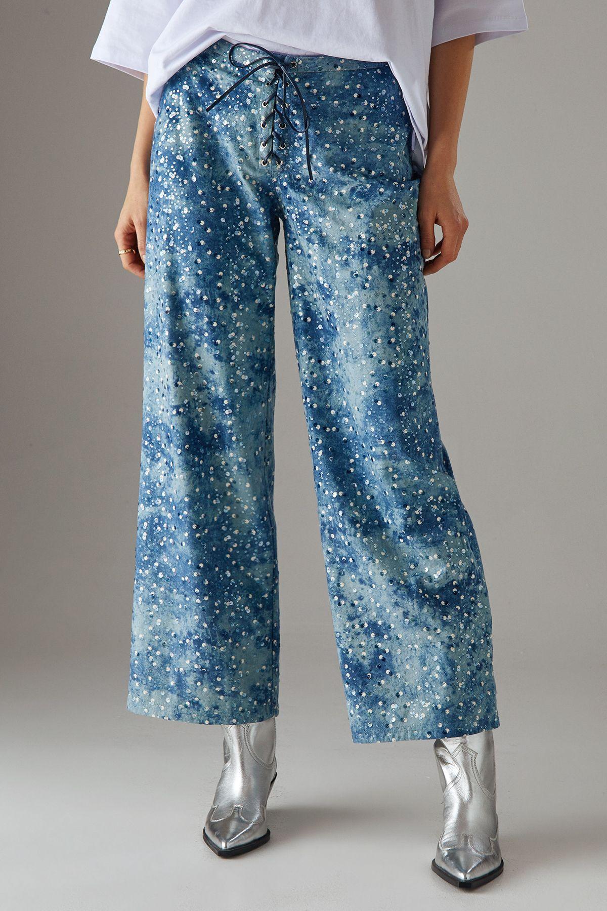 Suedette Sequin Lace Up Trouser by WAREHOUSE