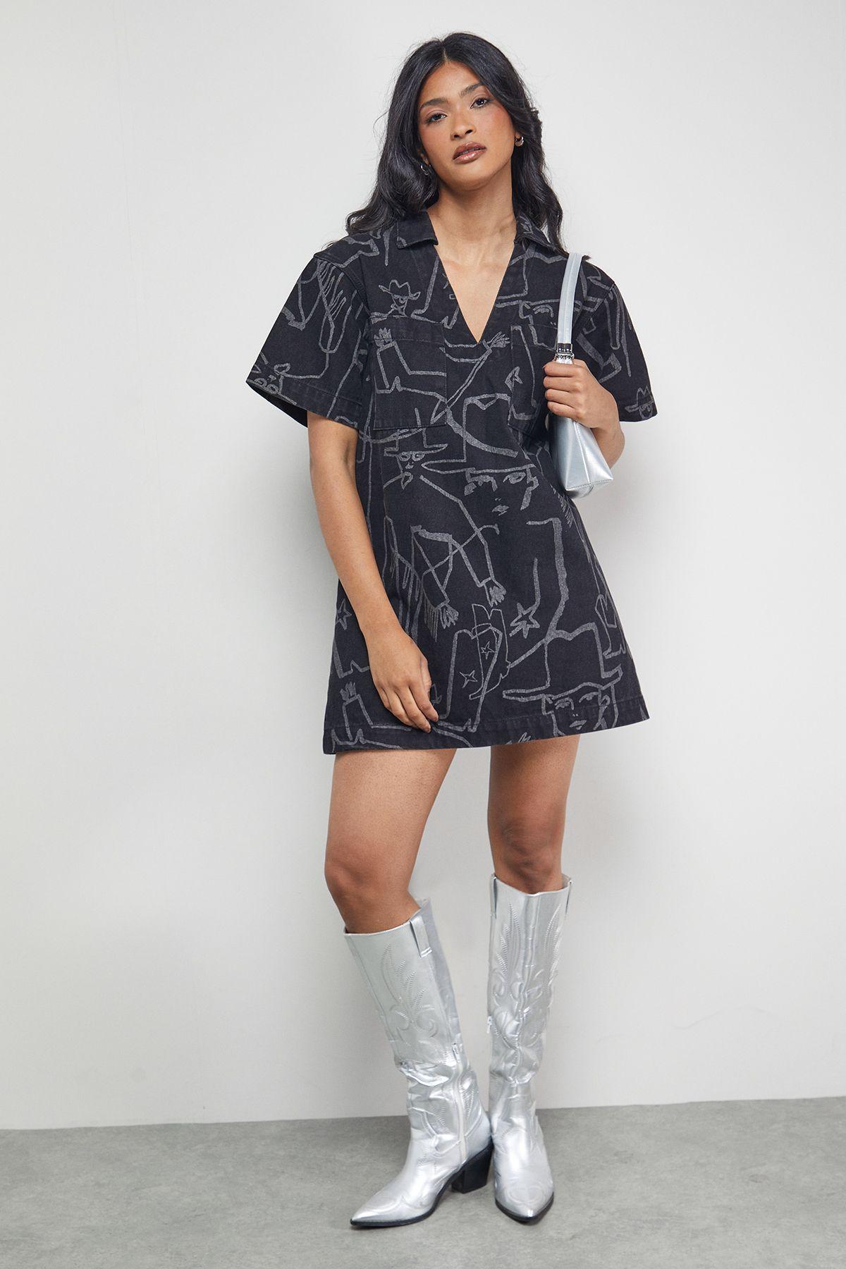 Tony Printed Boxy Denim Mini Dress With Pockets by WAREHOUSE