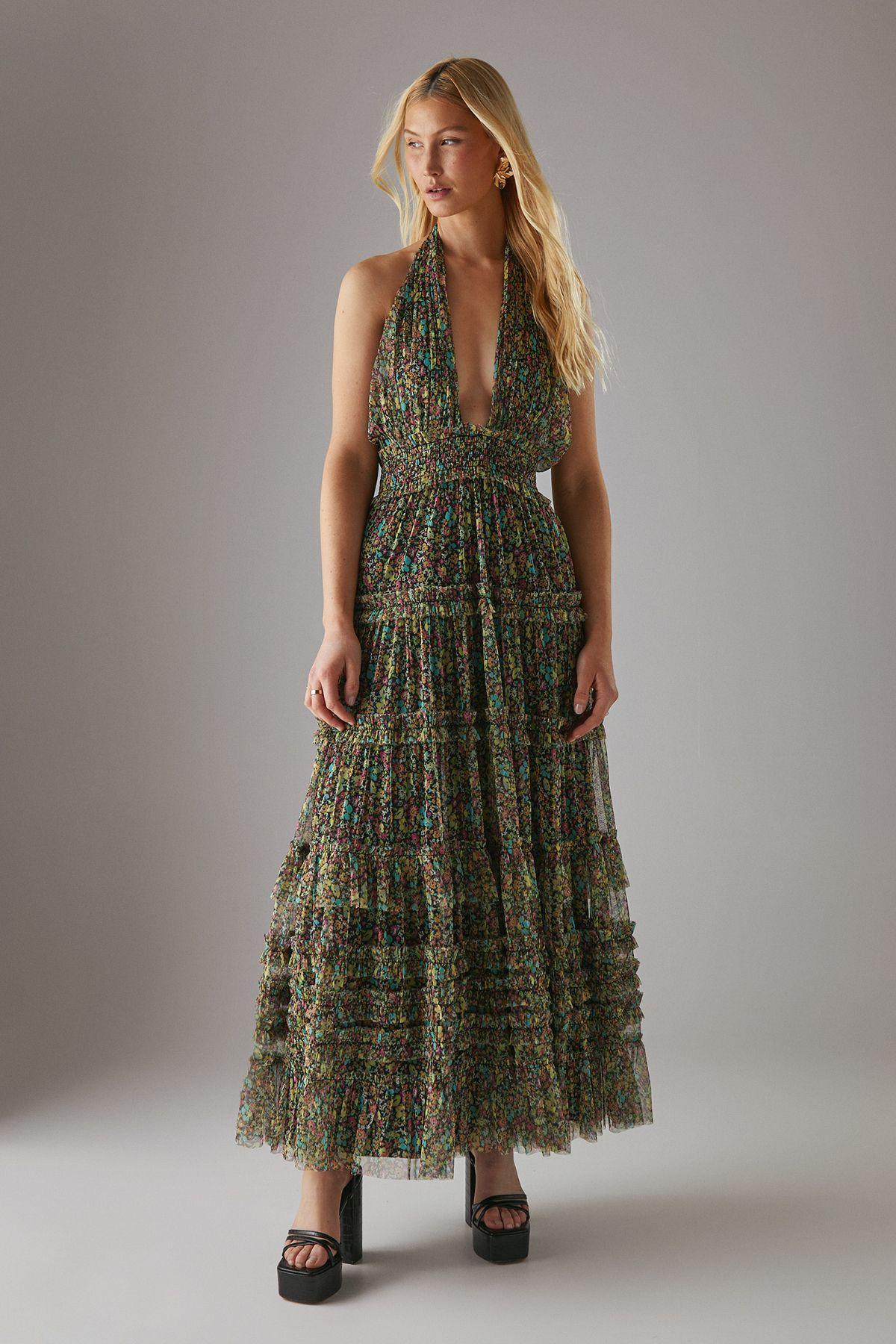 Tulle Halter Shirred Waist Tier Maxi Dress by WAREHOUSE
