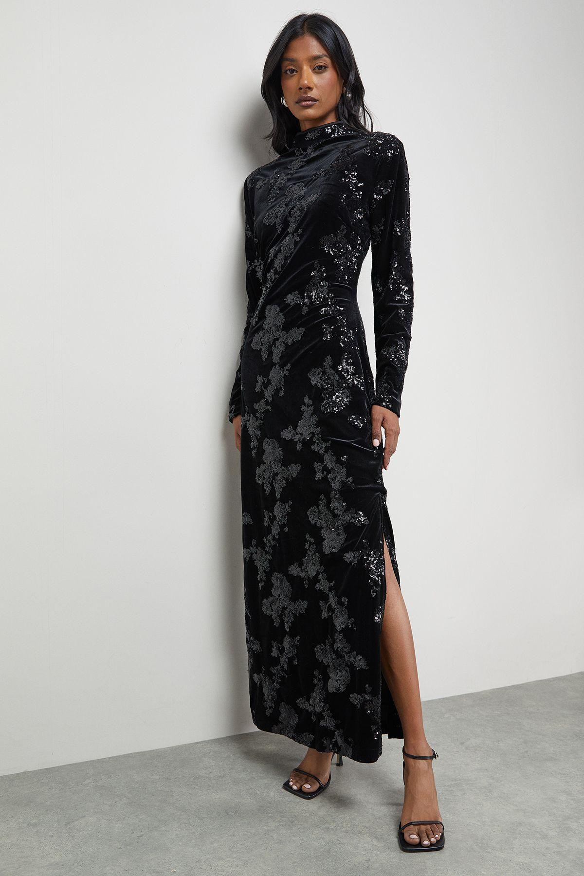 Velvet Sequin High Neck Backless Midaxi Dress by WAREHOUSE