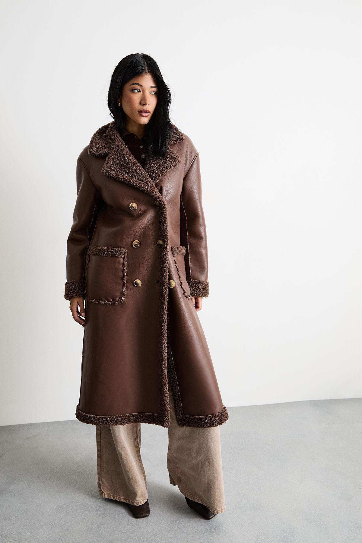 Whipstitch Faux Leather Shearling Coat by WAREHOUSE