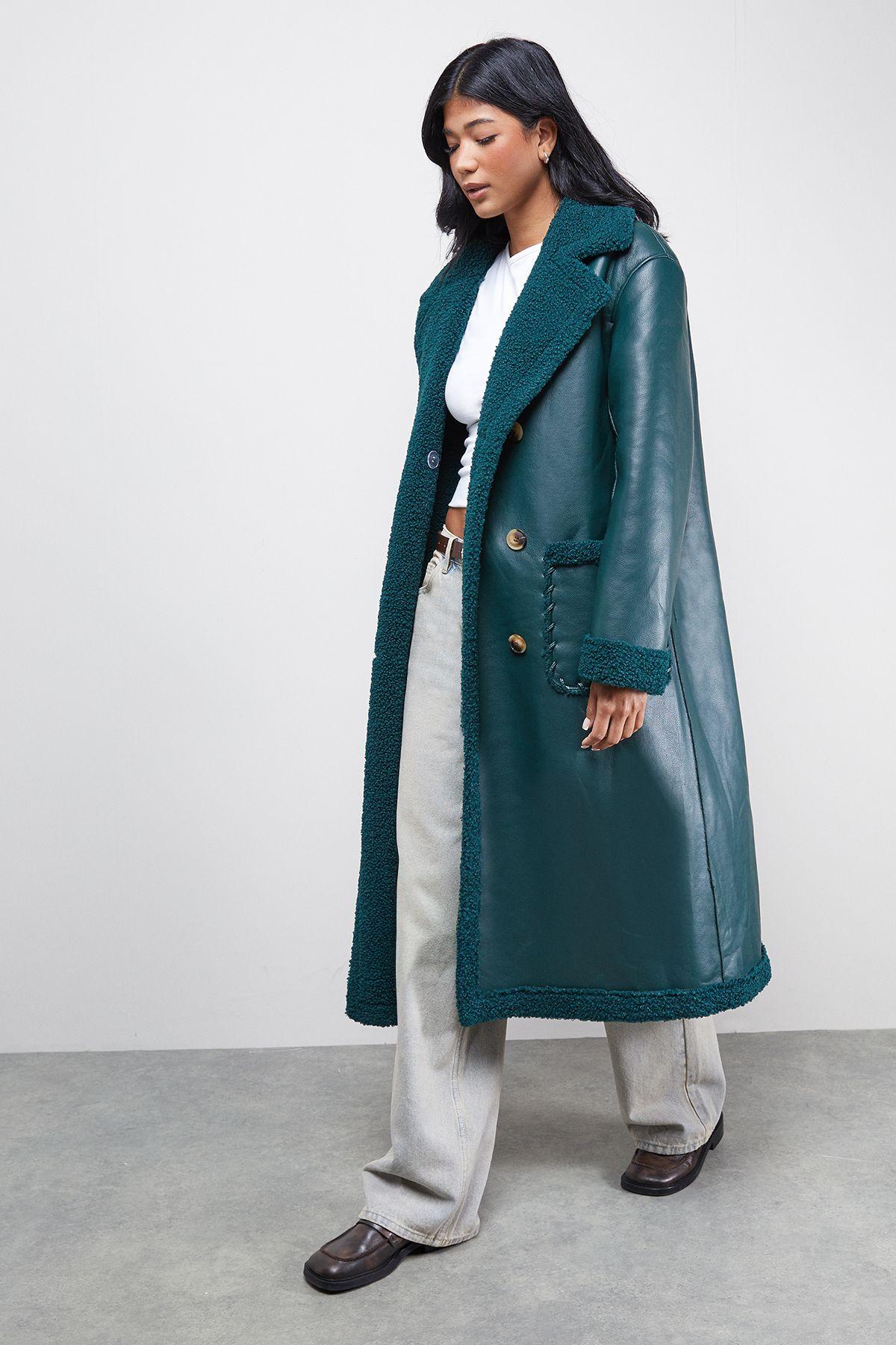 Whipstitch Faux Leather Shearling Coat by WAREHOUSE